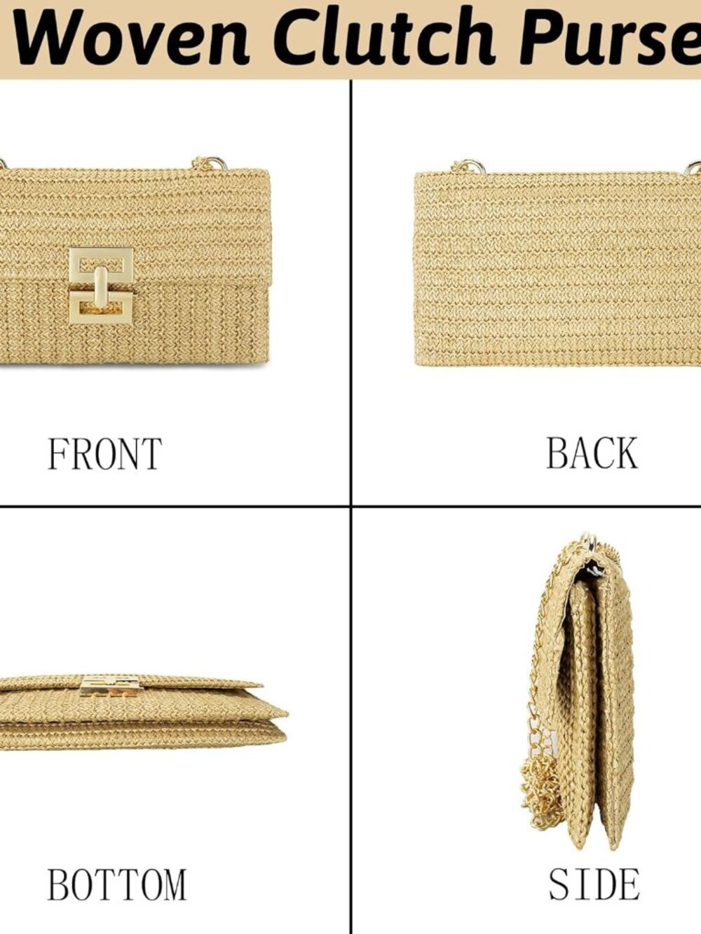 Straw Chain Clutch Purses for Women Woven Envelope Handbag for Wedding Party Coc - Picture 7 of 7